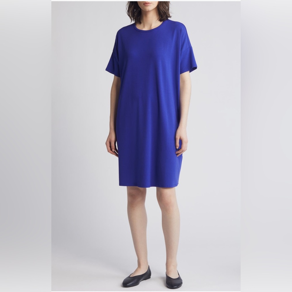 Eileen Fisher Boxy Crew Neck T-Shirt Dress Blue Violet Purple Short Sleeve 1X